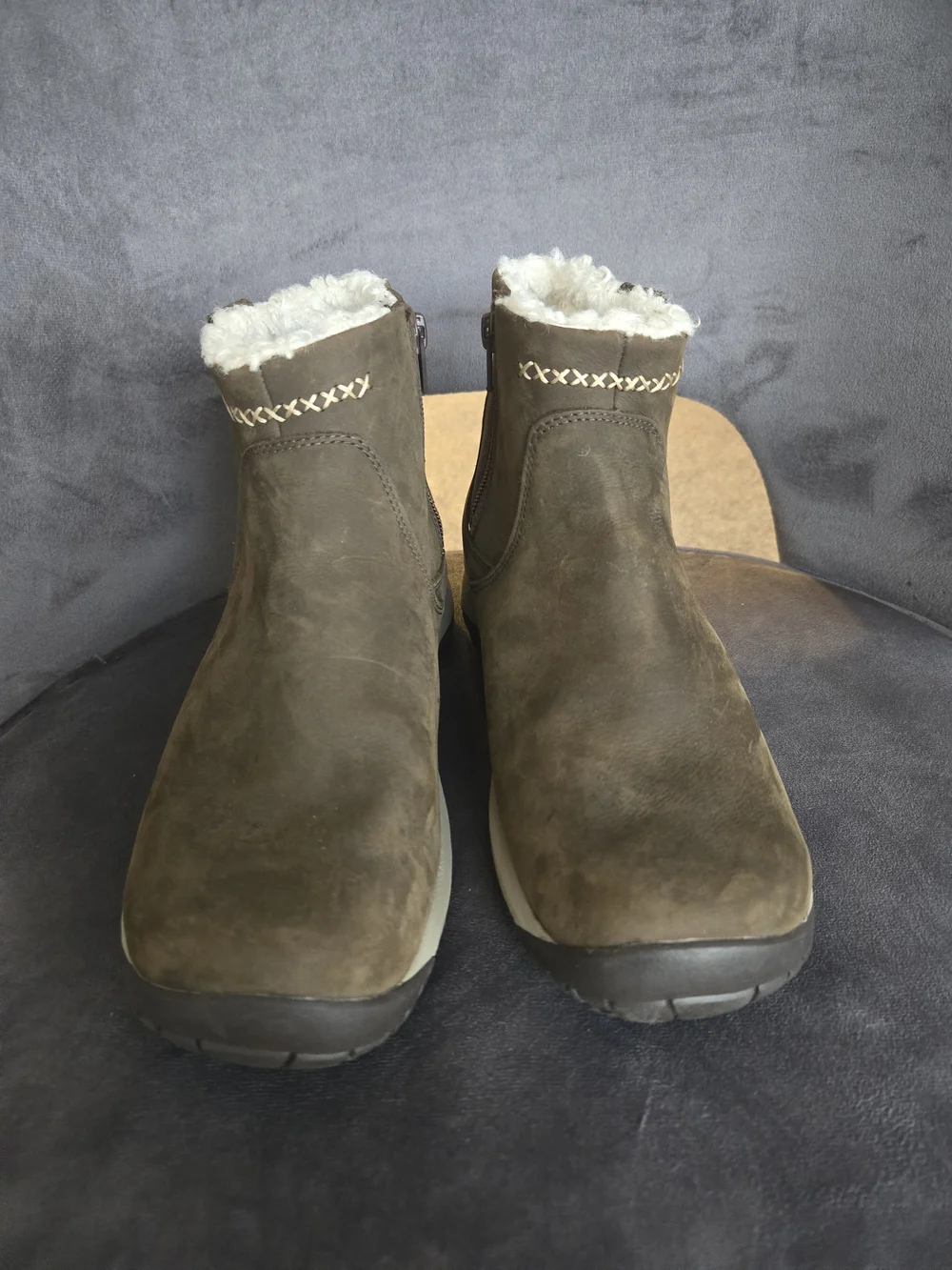 Merrell Brown Suede Ankle Booties with Cream Shearling Trim